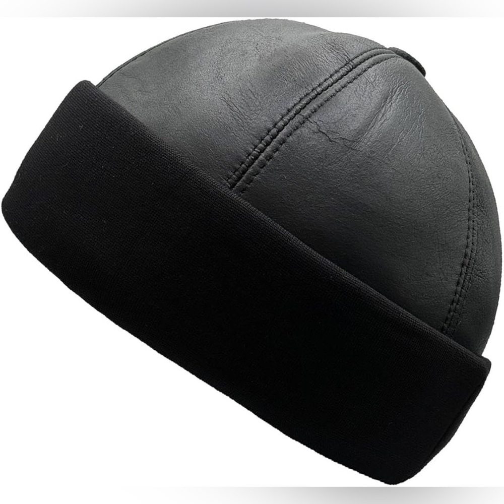 Unisex Winter Sheepskin Leather Fur Knit Beanie Cuff Round Bucket Winter Hat